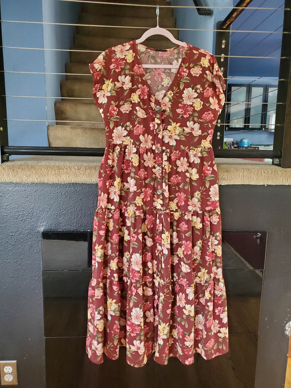 Blu Pepper Burgundy Floral Button-Front Tiered Midi Dress